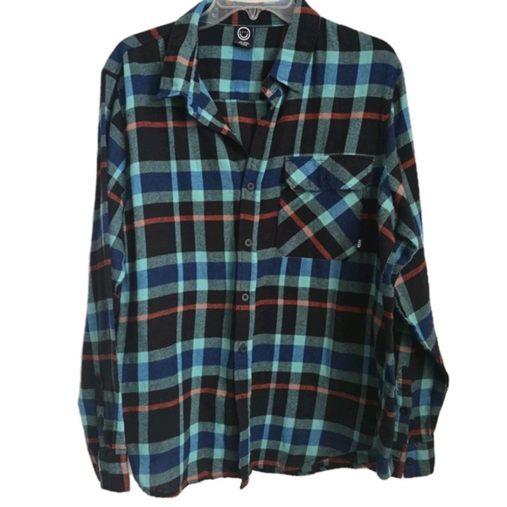 Neff Mens Large Flannel Shirt Plaid Teal Blue Orange Black Long Sleeve Button Up